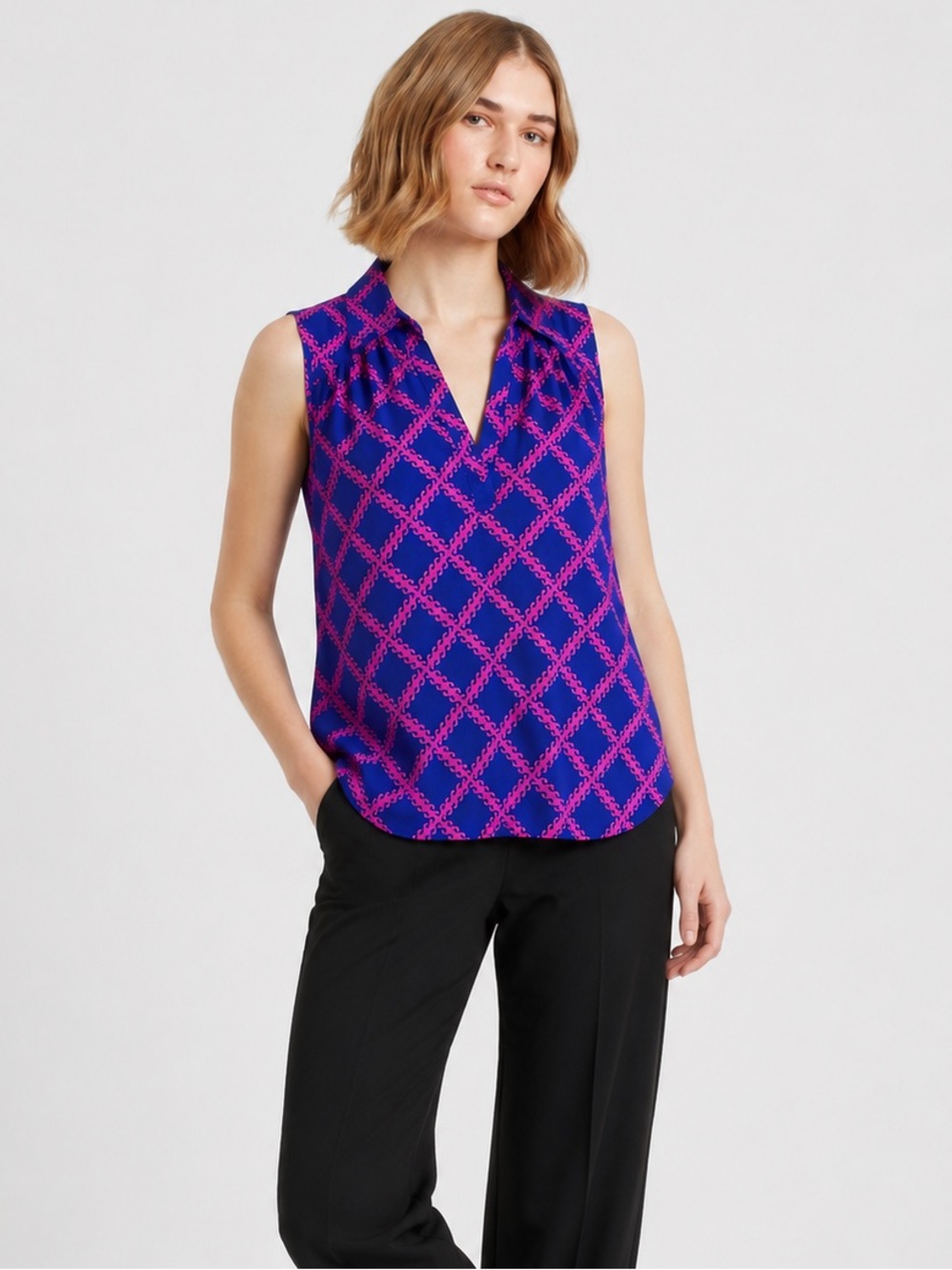 41 Hawthorn Sleeveless Blue Blouse with Pink Lattice Print